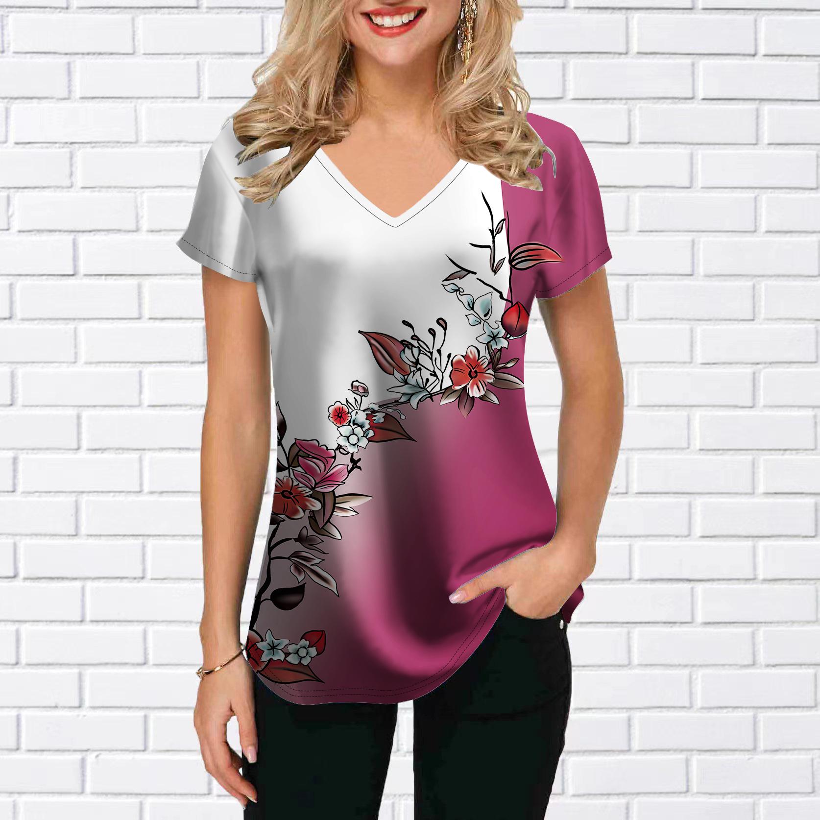 

Женские топы с v-образным вырезом и коротким рукавом подсолнечника с колючим цветочным принтом, свободная футболка, повседневная блузка 4XL фиолетовый