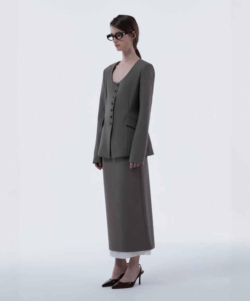 Mausolleum Contrast Layered Slim Line Long Skirt - Ash Brown