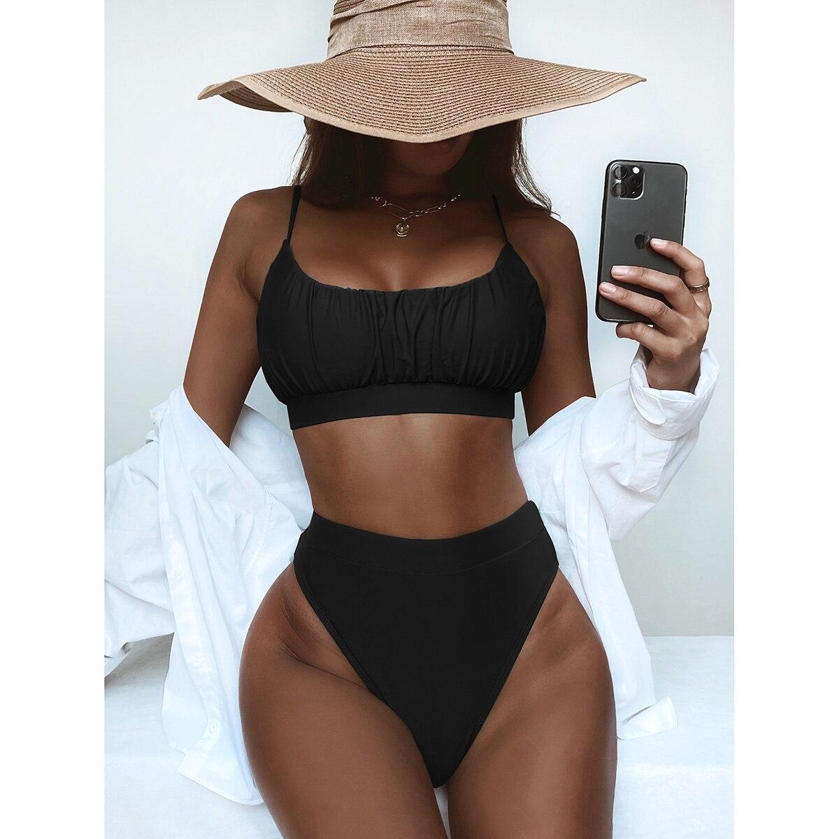 

Женский купальник, женский купальник, бикини, комплект бикини с высокой талией, купальный костюм с пуш-ап, купальный костюм с рюшами, пляжная одежда, купальник L чёрный