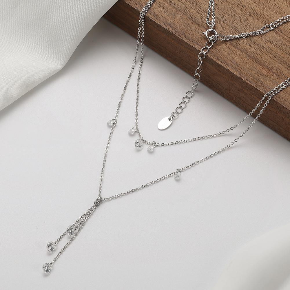 BQN20 Tassel Zirconia Pendant Bohemian Double Layer 925 Sterling Silver Stacking Choker Necklace