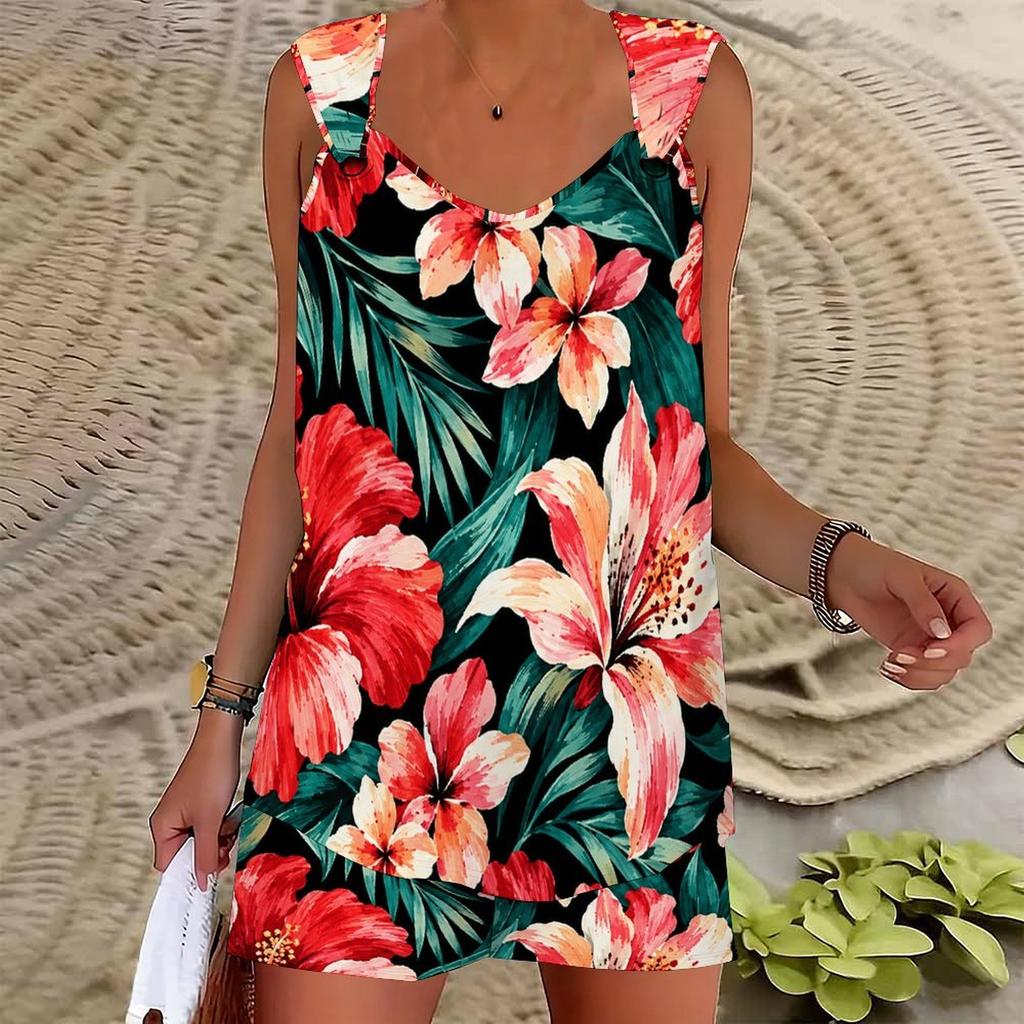 Women Plus Size Floral Printed Sleeveless Ring Strap Curved Hem Tank Top Pocket Shorts Two Piece Set