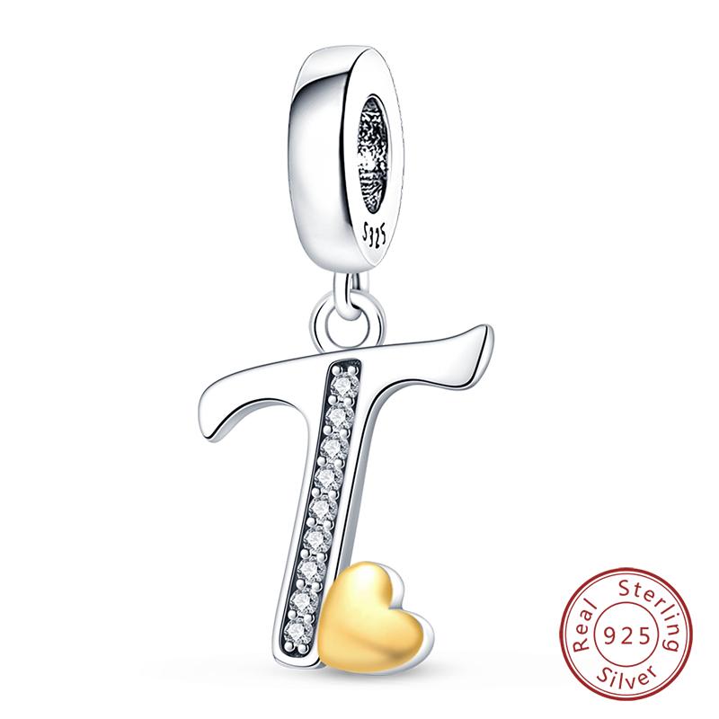 925 Silver Charm Beads Classic Gold Heart-Shaped 26 Letters Pendant For Bracelet DIY Charm Birthday Jewelry