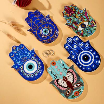 Držák na Evil Eye a Ruku Fatimy, Podnos na šperky, Miska na prsteny, Dekorativní bílý keramický podnos na prsteny pro šperky, Miska na klíče