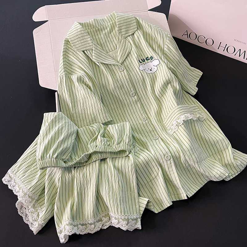 Green Striped Puppy Pajamas Women s Summer Short Sleeve Shorts Lace Suit Girls Casual Loose Loungewear S