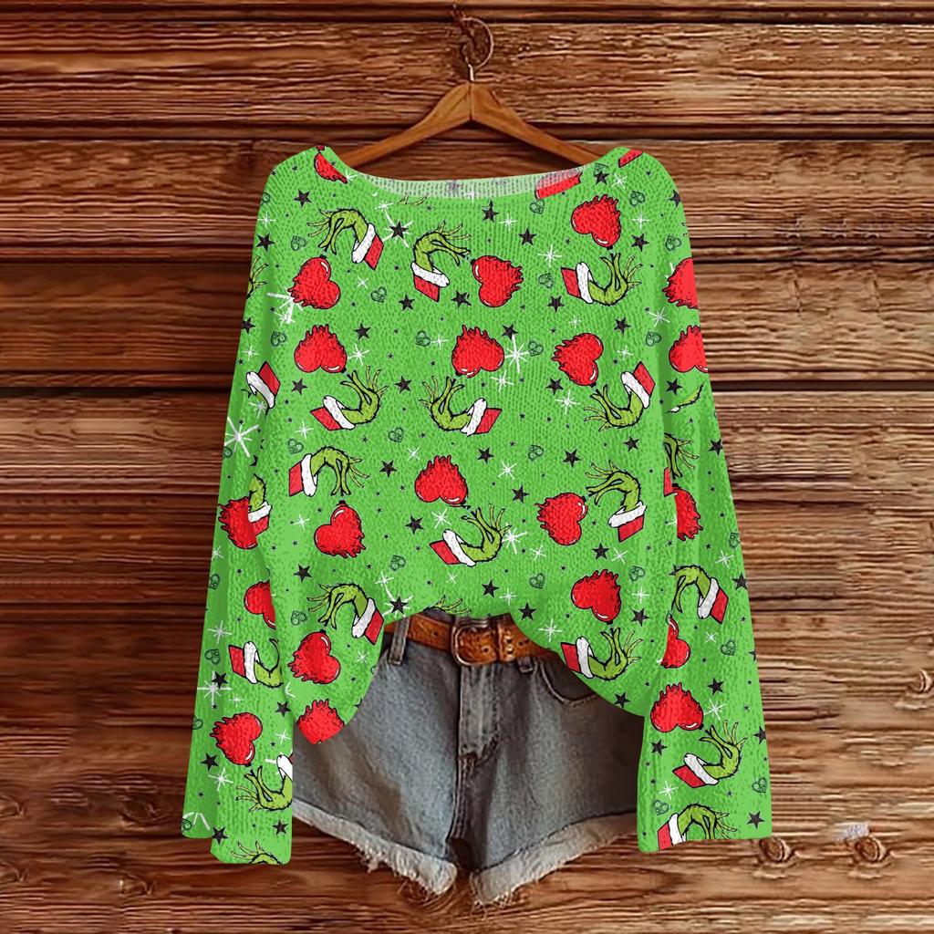 Womens  Fall Sweaters Long Sleeve Print Tops Pullover Sweaters Loose Dressy Casual Basic Clothes
