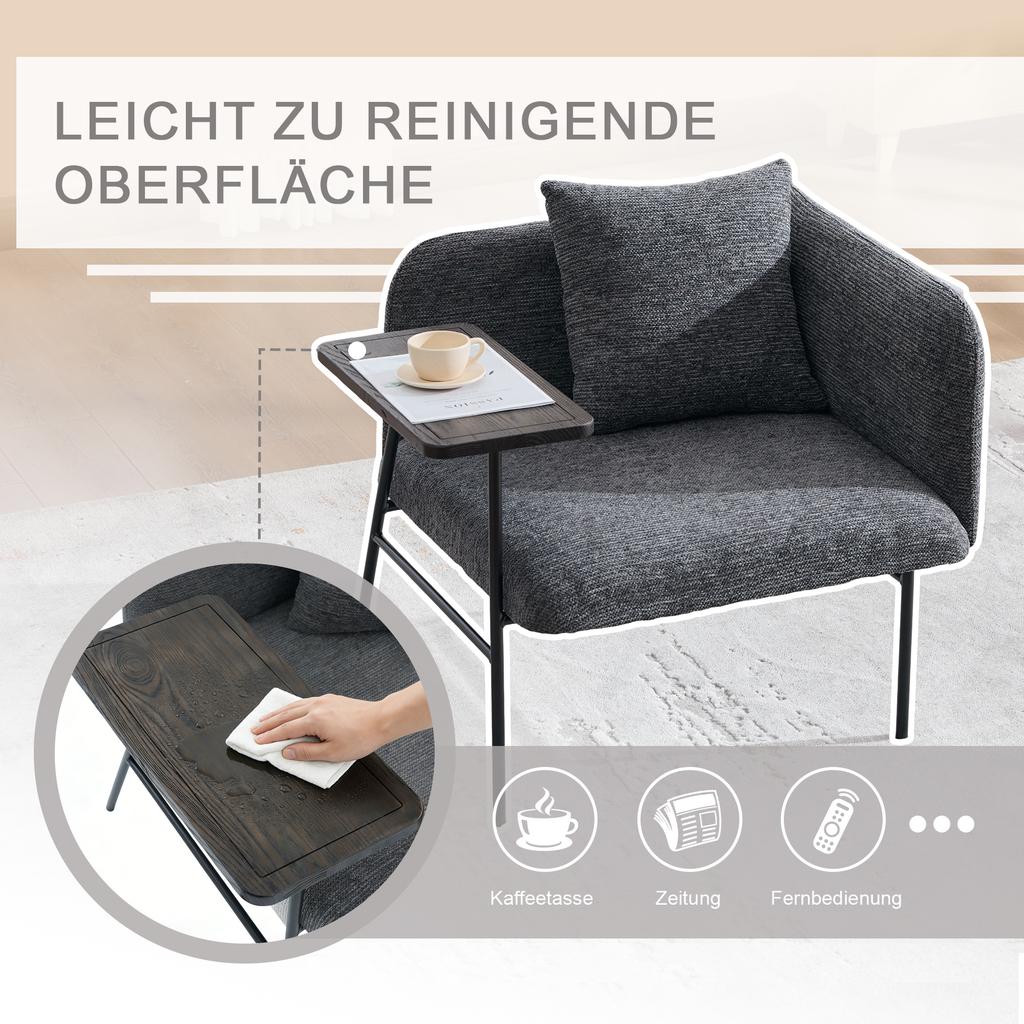 Modern single armchair with comfortable fabric backrest and two storage compartments, complemented by a practical side table.