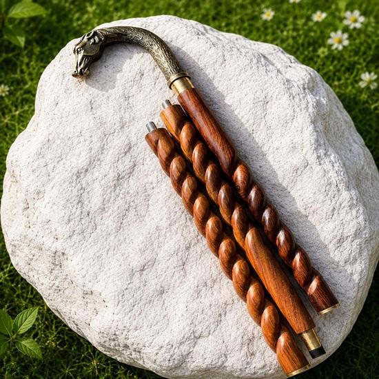 93.98 cm Horse Head Walking Cane Brass Handle Handmade Spiral Wood Stick Gift Idea