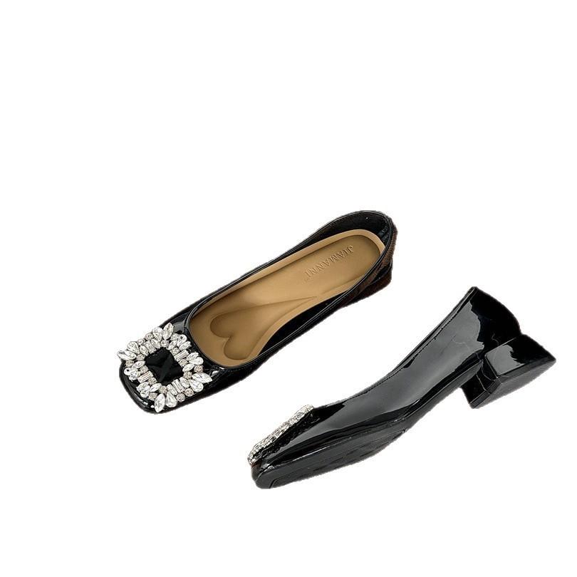 Temperament rhinestone square buckle single shoes fairy shoes 2025 Korean version inner height increase one pedal commuter shoes