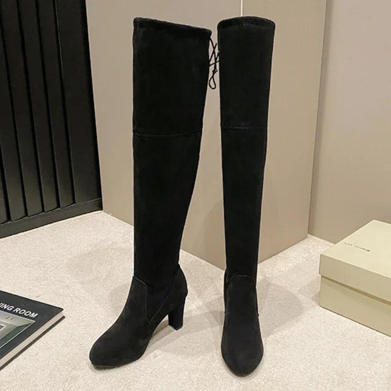 Women Black Over The Knee Boots Women Autumn Winter Sexy Transparent High Heels Long Boots Woman Slip on Sock Botas Plus Size 43
