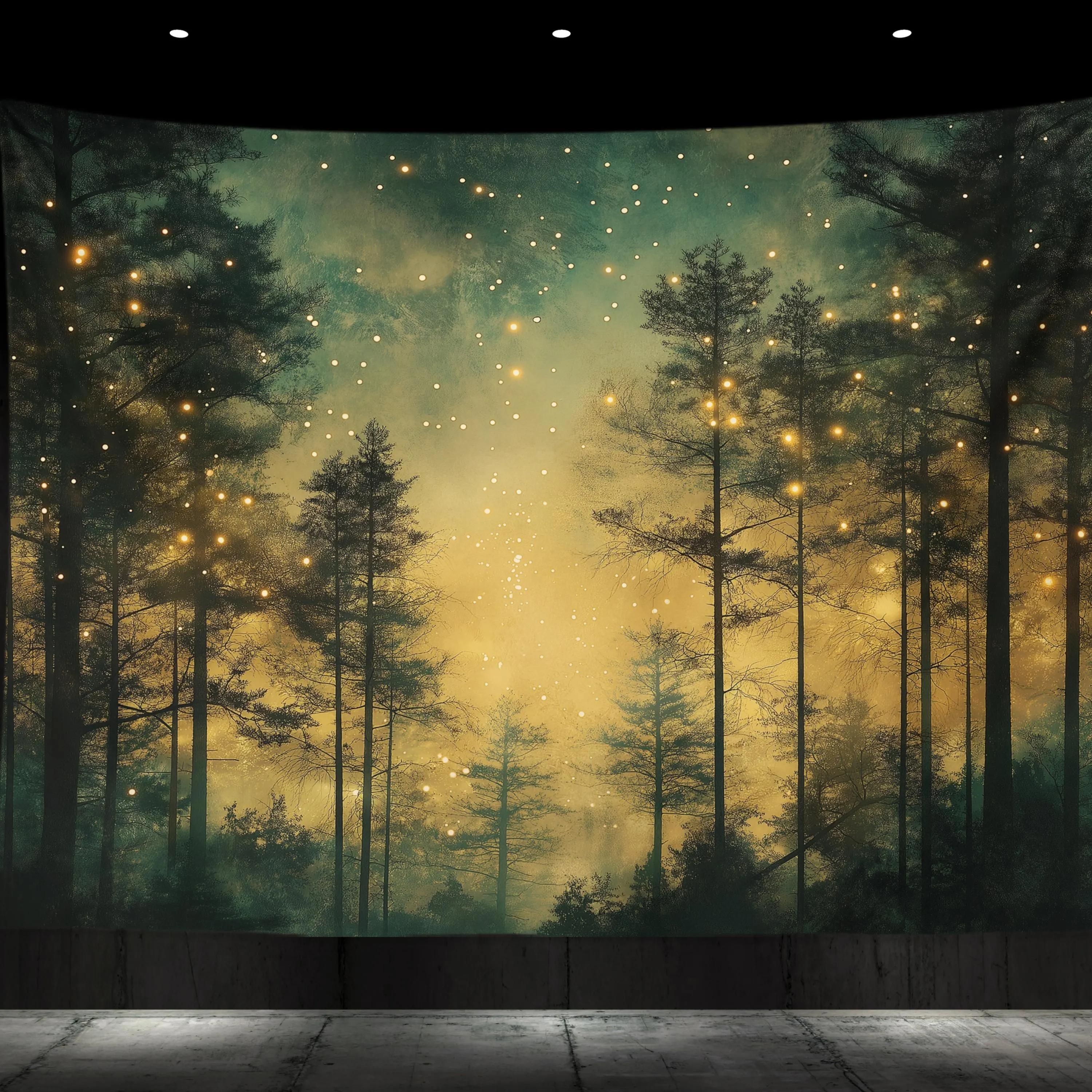 Forest Firefly Pine Tapestry Vintage Twilight Forest Background Bunsen Atmosphere Decoration Room Decoration 100X70CM