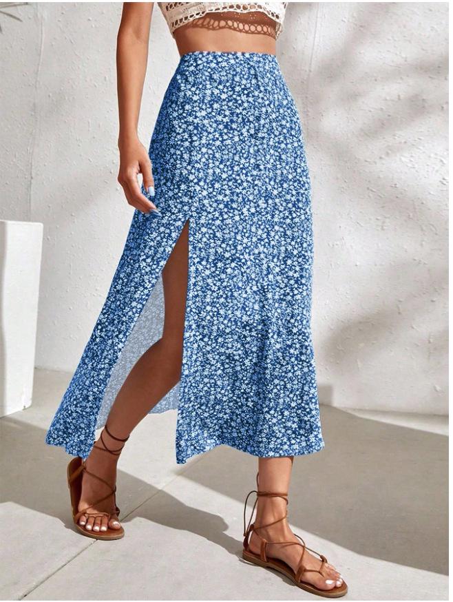 Spring-Summer Women's Floral Elastic Waist Slit Midi Skirt