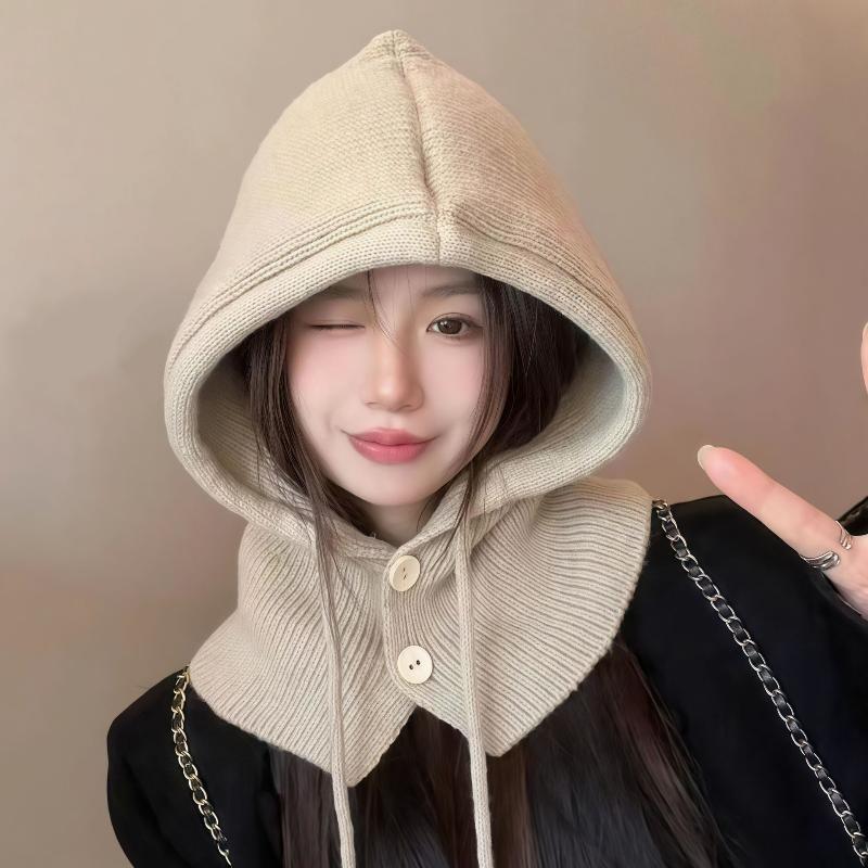 Unisex Knitted Balaclava Caps with Drawstring, Warm Winter Hats, Outdoor Hooded Beanie with Neck Collar Scarf