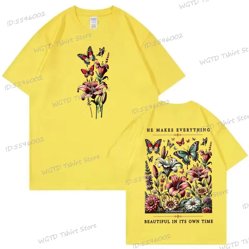Christian Floral Vintage Boho T-shirt Women He Makes Everything Beautiful Graphic Tee Inspirational Retro Flower Religious Shirt