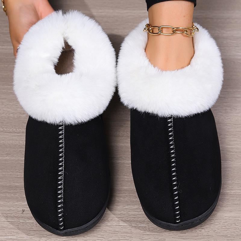 Fashion Faux Fur Cotton Slippers for Women Sewing Slip On Non Slip Plush Slippers Woman Soft Bottom Warm Cotton Shoes Mujer