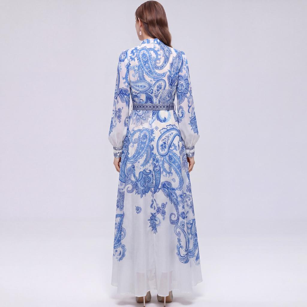 Summer Fashion Floral Print Pleated Party Dress for Women 2026 Autumn Casual Long Sleeve Holiday Prom Party Chiffon Long Dresses
