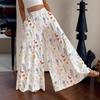 Pantalons de Vacances Élégants pour Femmes Taille Haute Élastique Pantalons Fluides Imprimé Floral Pantalons Larges Fluides à Taille Élastique Pantalons Décontractés pour la Plage et le Brunch