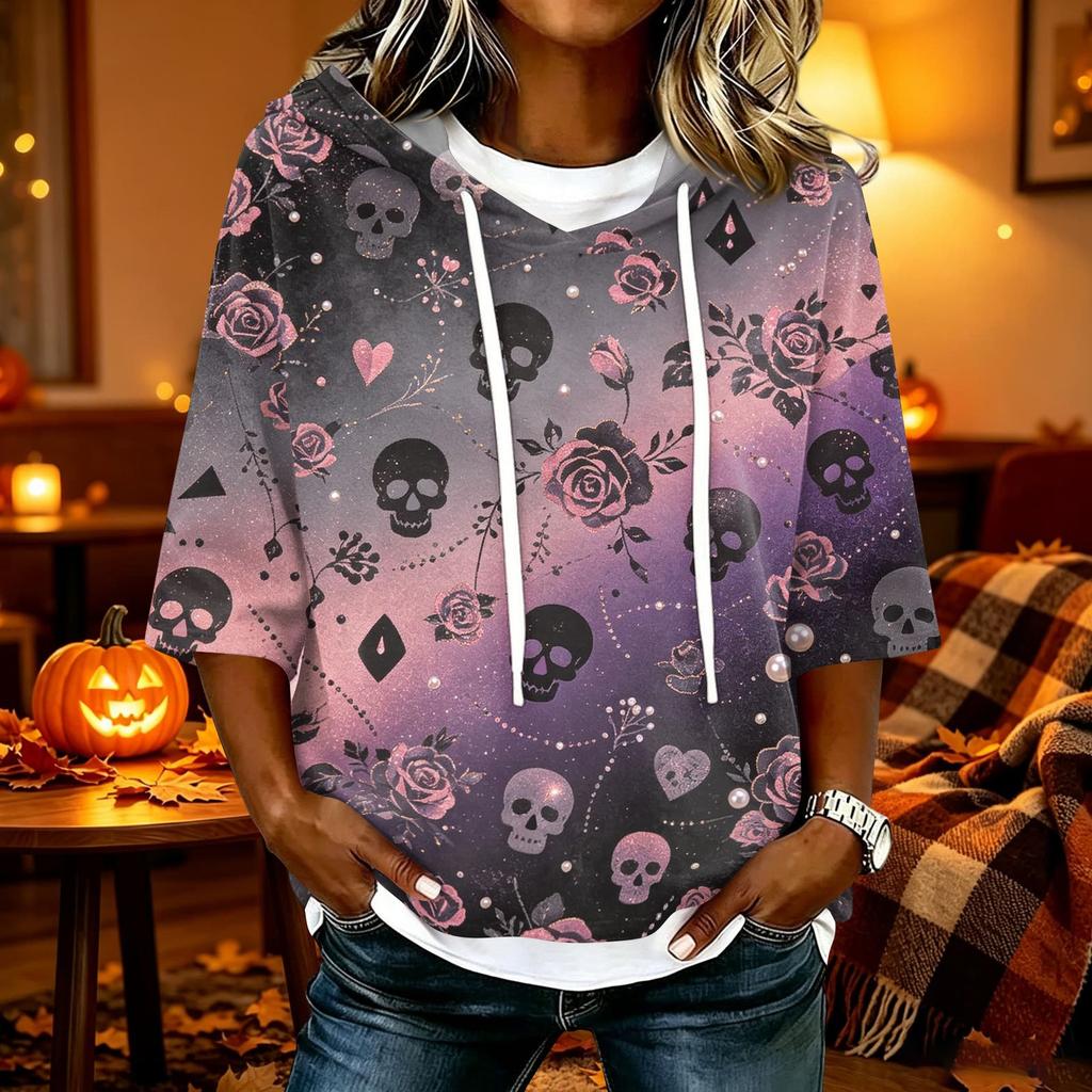 Women's Halloween Printed Hooded 3/4 Sleeve Casual Loose Fit Pullover