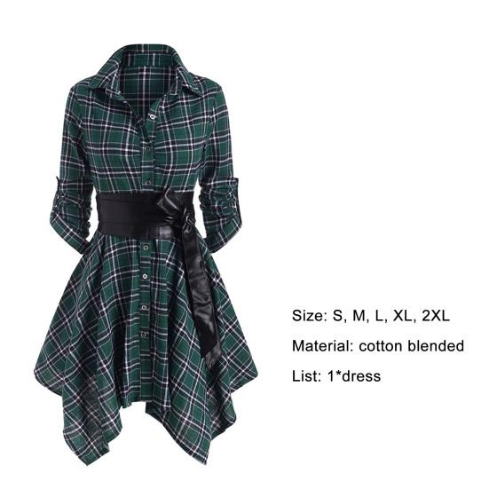 Damen Kleid A-Linie Langarm Baumwollmischung Vintage Karomuster Schwarz Gürtel