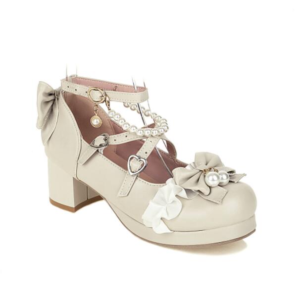 Süße Perle Schleife Mädchenschuhe 2025 Damen Absätze Plateau Spitze Prinzessin Mary Jane Lolita Schuhe Party High Heels Damen Pumps30-43