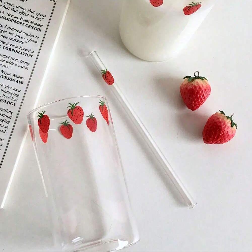 300ml Strawberry Cute Glass Cup With Straw Creative Transparent Water Cup Student Milk Heat Resistant Glass