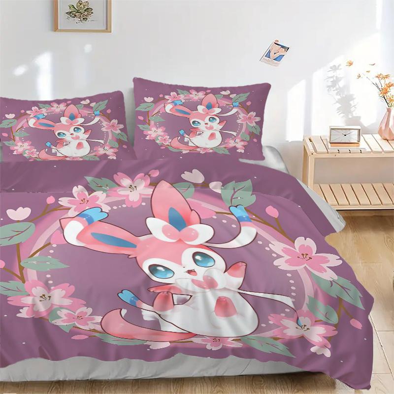 3pcs Sylveon Bedding Set - Includes 1 Quilt Cover and 2 Pillowcases, Comfortable Bedding with Stylish Design for Bedroom, Machine Washable -