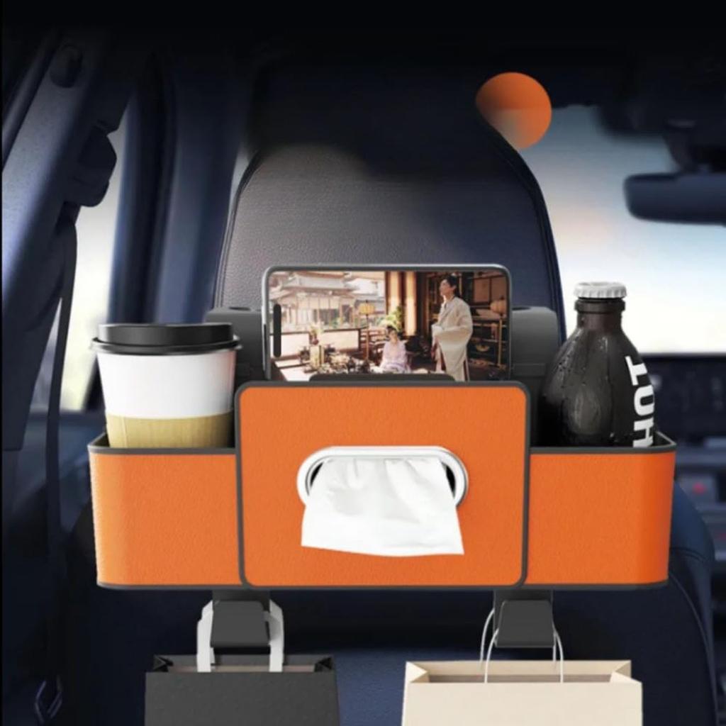 Organizer do przechowywania w samochodzie, Wielofunkcyjny schowek na oparcie siedzenia samochodowego z 2 uchwytami na kubki, Pudełko na chusteczki i Haczyk, Kompatybilny z większością pojazdów