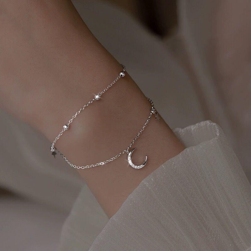 S925 Sterling Silver Star and Moon Double Layer Bracelet for Women - Summer Light Luxury Design