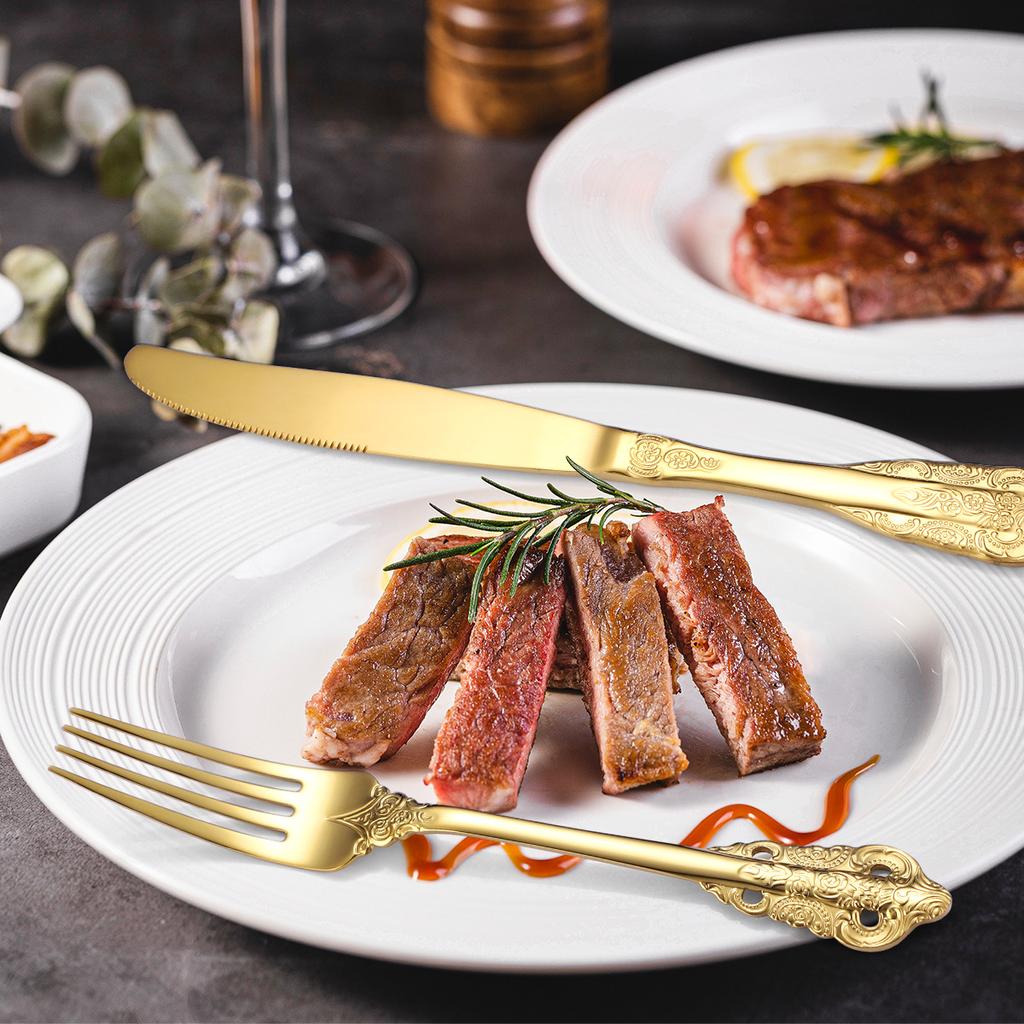 Stainless Steel 304 Retro Relief Tableware Set Four-piece Set Household Gold Western Food Knife Fork Spoon YSH-19