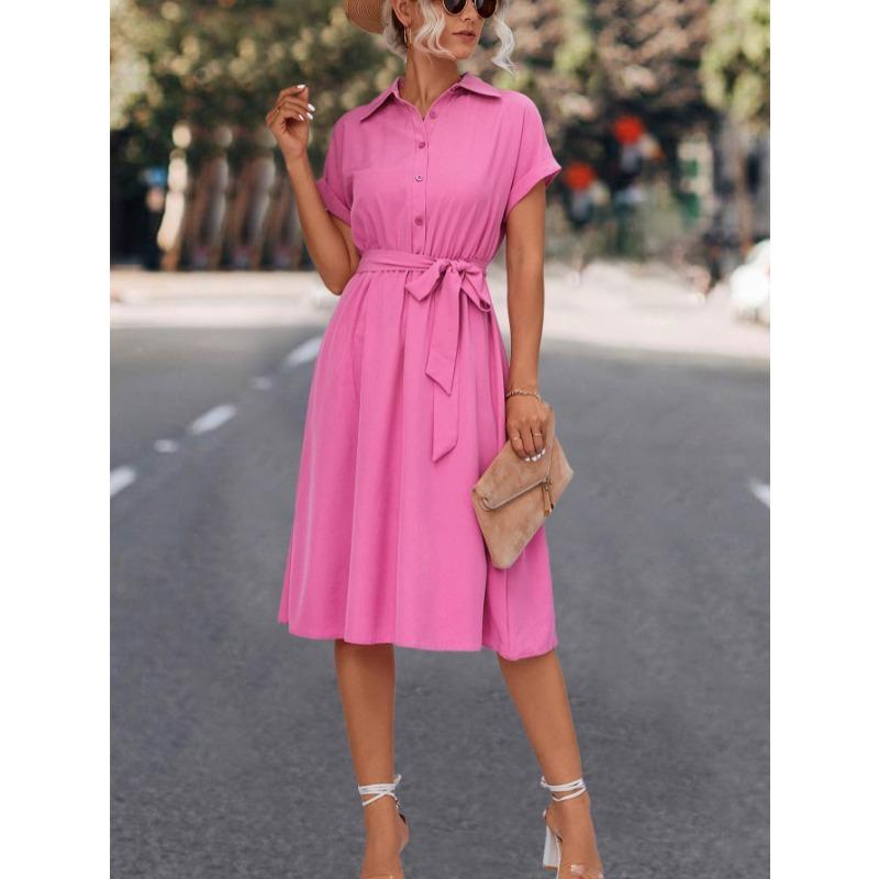 Sommer Kurzarm Casual Shirt Kleid Frauen Elegante Revers Lace Up A-linie Kleid Weibliche Button Up Fashion Party Lose Lange kleider Kleidung 805