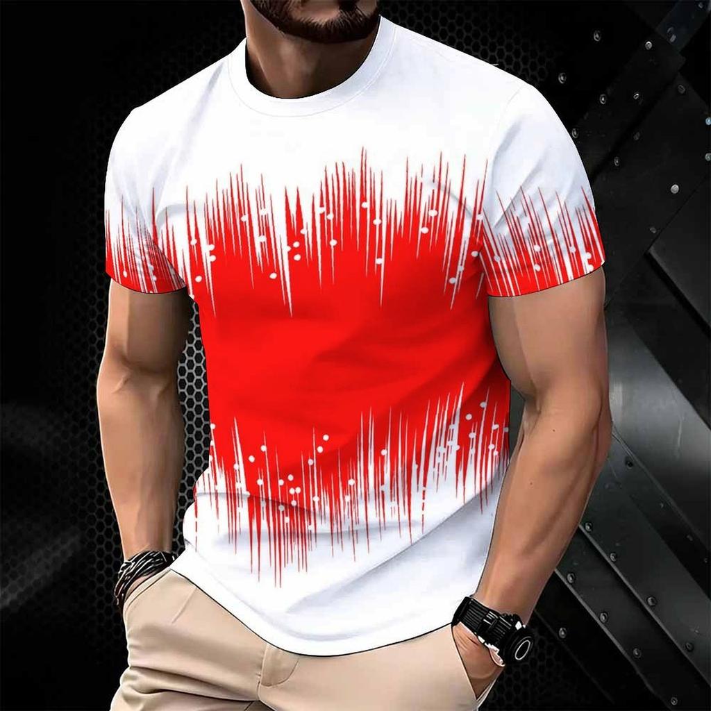 Women Short Sleeve Crew Neck T Shirt White Red Gradient Vertical Line Dot Abstract Print Top