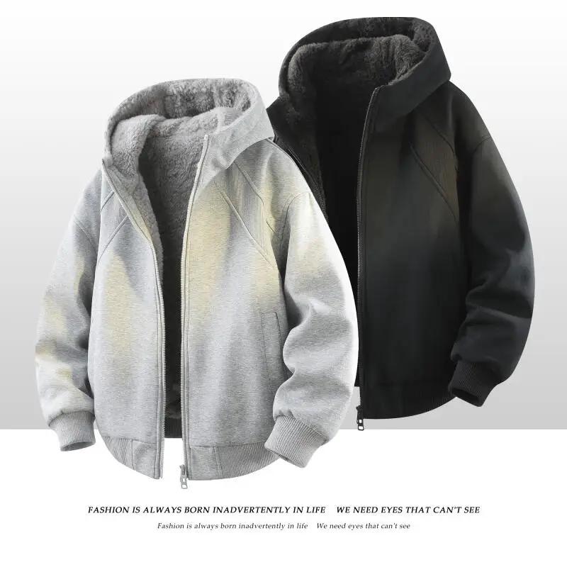 2025 Autumn Winter Fashion Men Solid Color Thick Warm Jacket Men Casual Loose Hoodies Male Hooded Fleece Sweatshirts