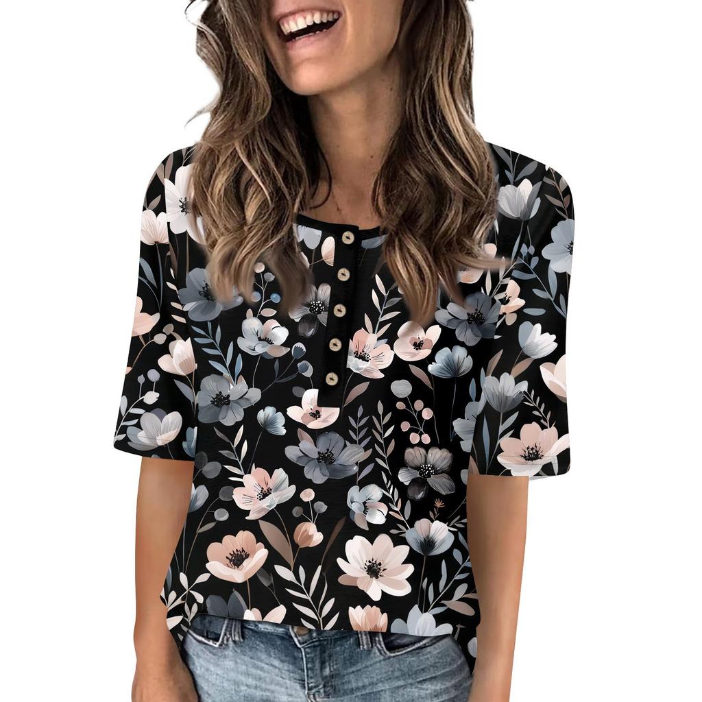 Shirts For Women Trendy Round Neck Button T Shirts Printed  Blouse Half Sleeve Tops For Women