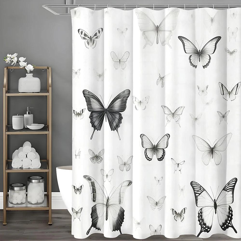 Black and White Butterfly Shower Curtain, Bathroom Decorative Shower Curtain, Waterproof Shower Curtain with Hooks W90xH180cm