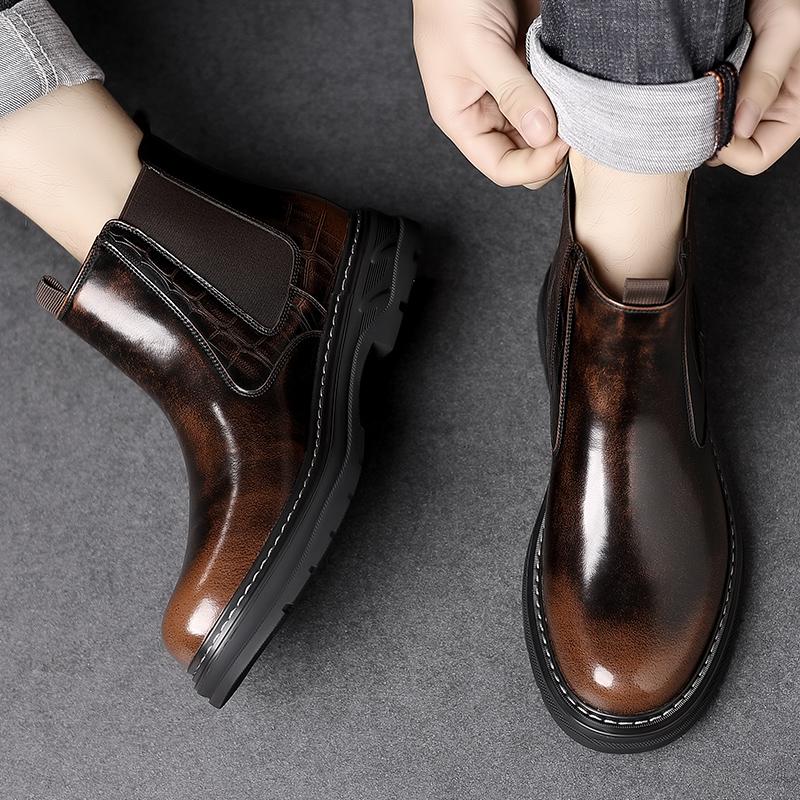 Brand Retro British Trend Brand Polished High Top Leather Shoes for Men In Autumn Comfortable Thick Soled Chelsea Boots