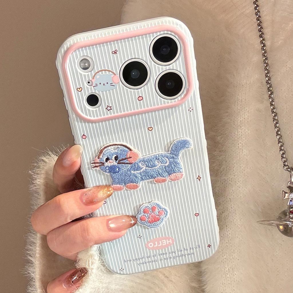 Color Striped Cat for Apple 17 Phone Case for IPhone 15 for 16 Promax Embroidered Cartoon 14 Anti-fall 12 Soft