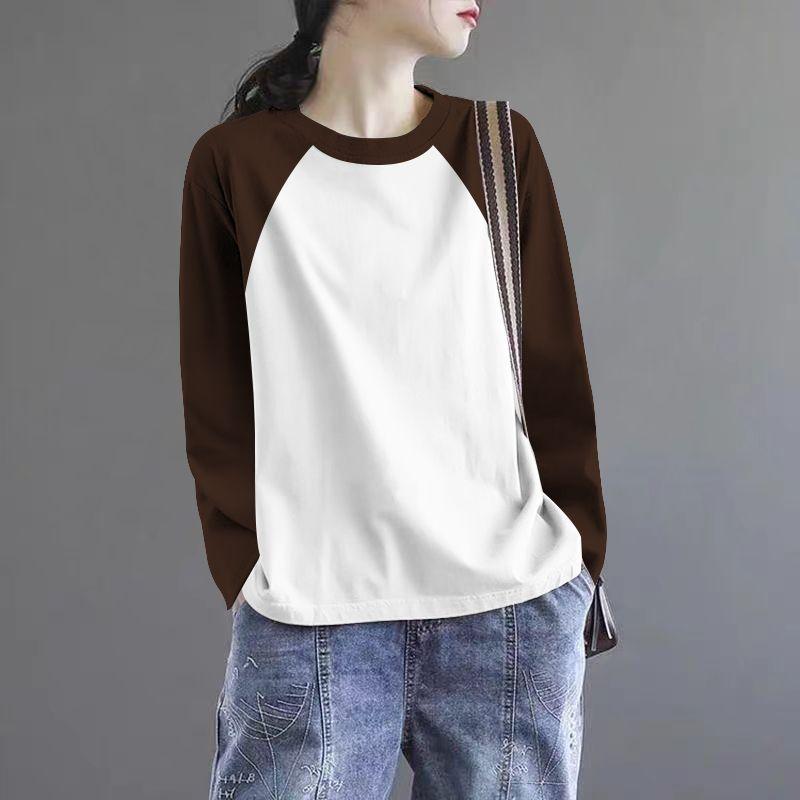 

Export Big Sale Export 100% Pure Cotton Contrast Color round Neck Long Sleeves T-Shirt Women s Age Reduction Plus Size Color Matching Artistic Top White coffee sleeve [pure color]] XL