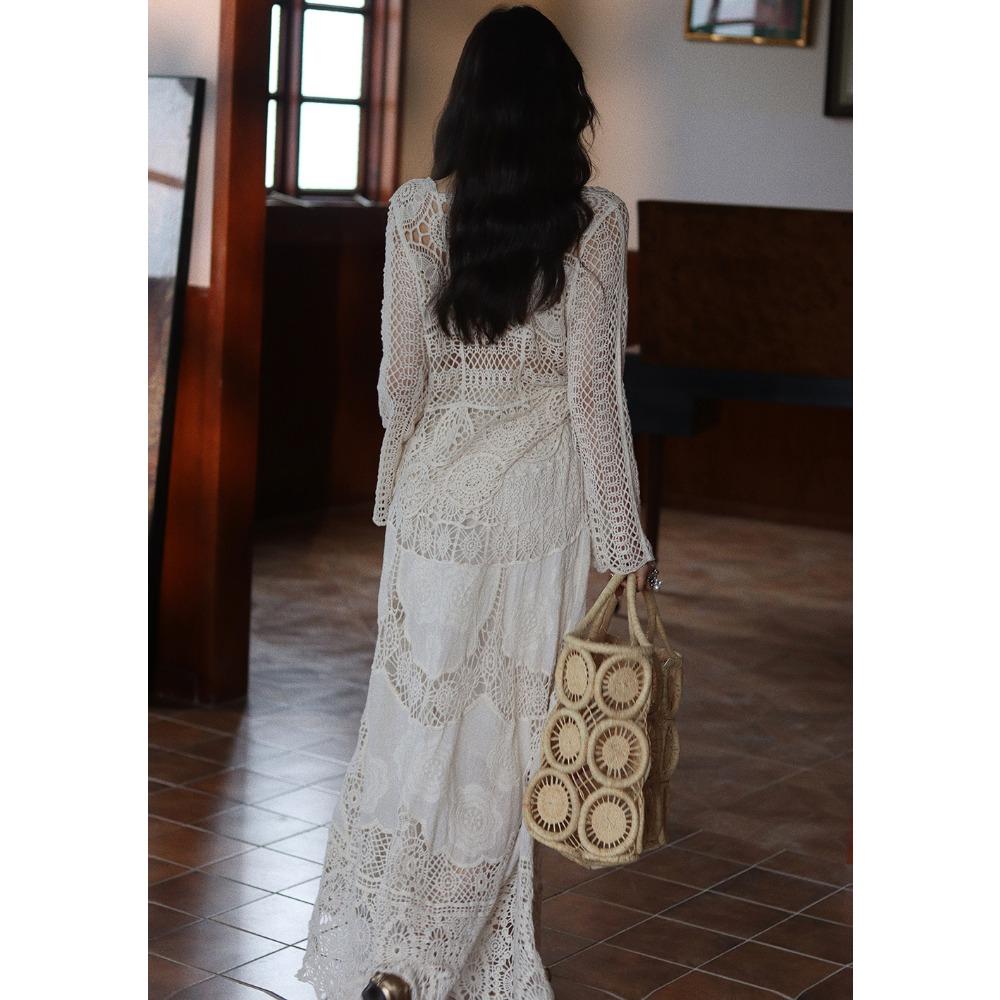 DIMANAF 2025 Skirt Suit Women  Beach Short Sleeve Lace Knitting Hollow Out Sexy O-Neck Hollow Summer Style Tops Tees Loose Basic