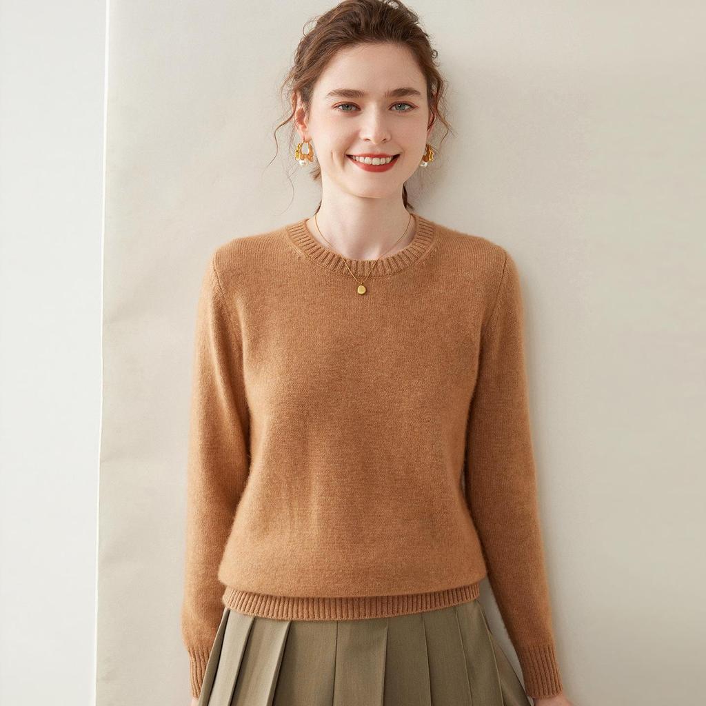 Women's 100% Pure Cashmere Round Neck Sweater - Versatile Style for Autumn and Winter