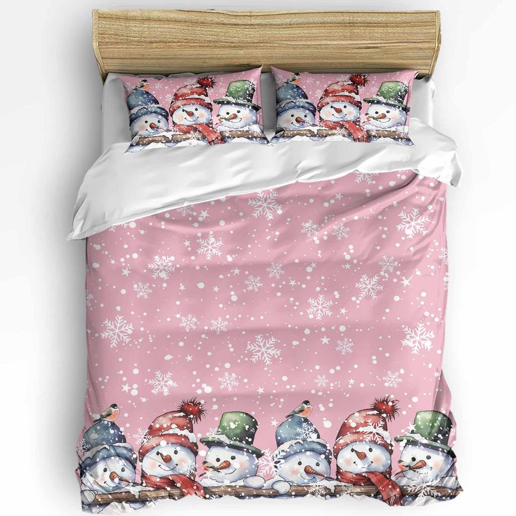Christmas Snowman Pink Christmas Tree 3pcs Bedding Set For Double Bed Home Textile Duvet Cover Quilt Cover Pillowcase