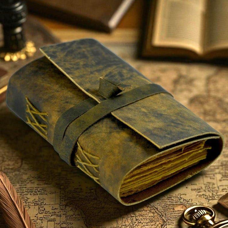 Vintage Leather Journal - Blank Spell Book of Travel Writing Notebook, Antique Deckle Paper