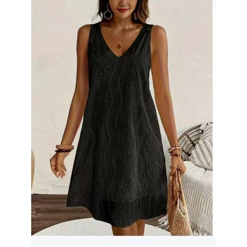 Moda Estiva Abito in Pizzo Scollo a V Vacanza Elegante Festa Corto Traforato Senza Maniche Monocolore Linea ad A Dolce Ampio Sexy Senza Maniche Abbigliamento