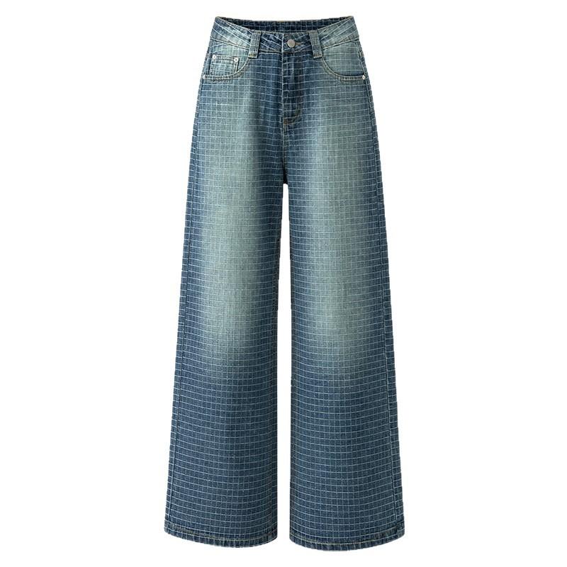 Embroidery plaid line loose washing water gradual change blue straight jeans new gradual change blue loose wide-leg pants