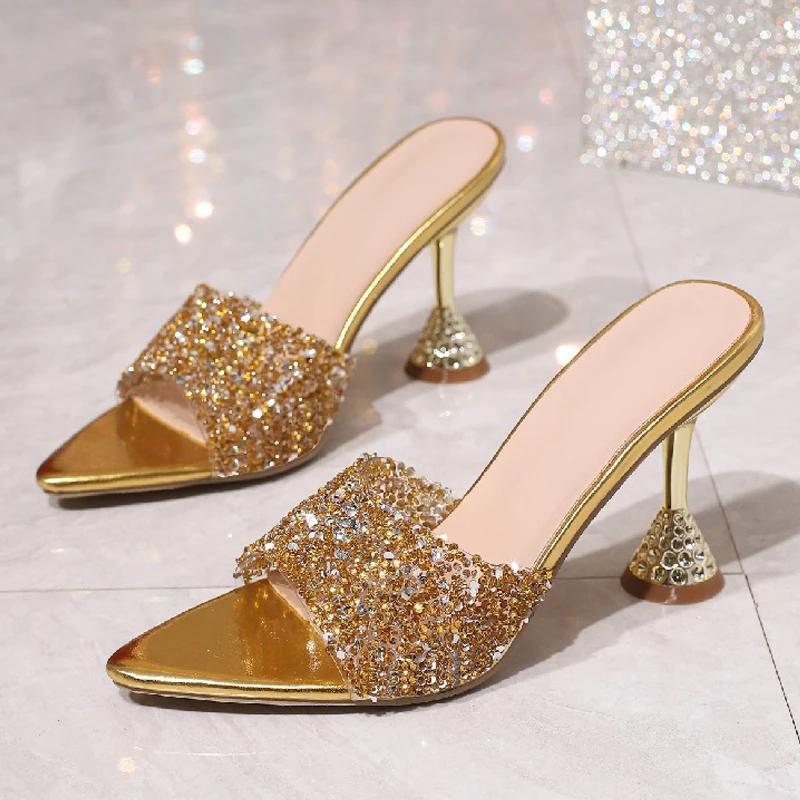 Fashion Eilyken Summer PVC Transparent Pointed Toe Slippers Sandals Women Fashion Bling Crystal Diamond High Heels Party Shoes