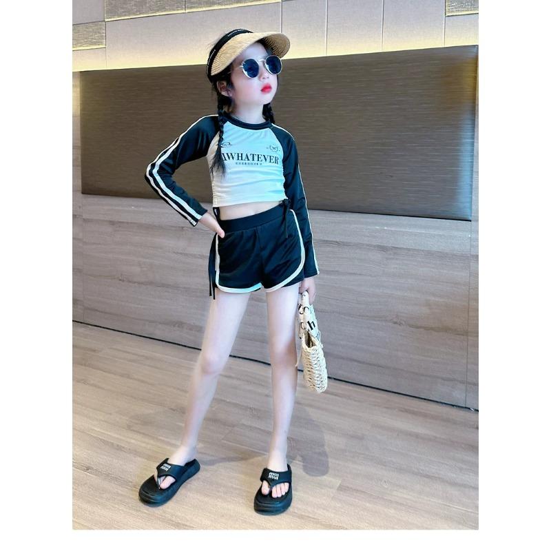 Girls' Swimwear Mid-Size Long-Sleeve Two-Piece Set—Polyester Color-Blocked Activewear for Sports Leisure and Hot Springs