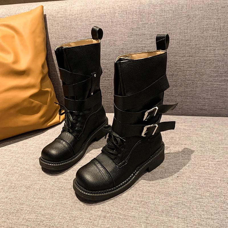 Fashion Brand Designe Metal Belt Buckle Mid Calf Boots Women 2025 Punk Medium Heel Western Cowboy Boots Fashion Winter Shoes Women