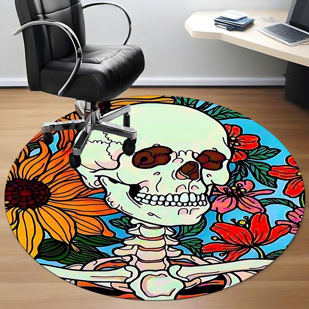 1pc Skull Flowers Office Round Area Rug, Under Office Chairs Bedroom Living Room Home Decor, Room Deco, Available in Various Sizes