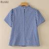 ZANZEA Women Casual Round Neck Plaid Print Loose Short Sleeve Blouse