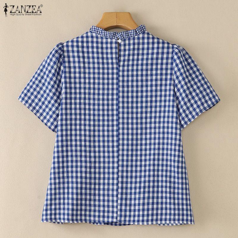 ZANZEA Women Casual Round Neck Plaid Print Loose Short Sleeve Blouse
