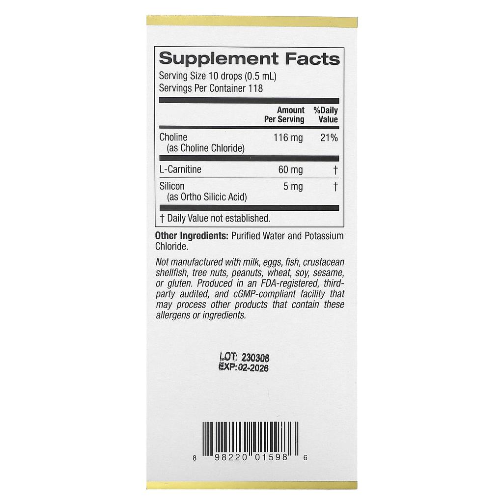 Choline Silica Complex, Bioavailable Collagen Support for Hair, Skin and Nails, 60 Ml (2 Fl Oz)