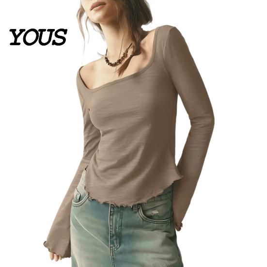 Regular Fit Women Tops Square Collar Blouse, Ruffle Cuff Hem Bell Sleeve Top, Office Wear Blouse Breathable Solid Color Casual Shirt for Early Autumn